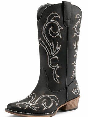 Women's Black Faux Leather Cowgirl Boots Square Toe Chunky Heel Stitched Boots
